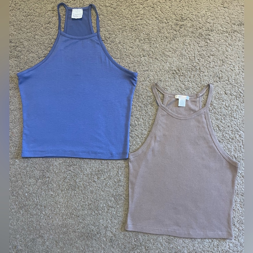 BUNDLE 2 Tilly’s Halter Cropped Spaghetti Strap Tank Tops, Blue and Tan/Brown